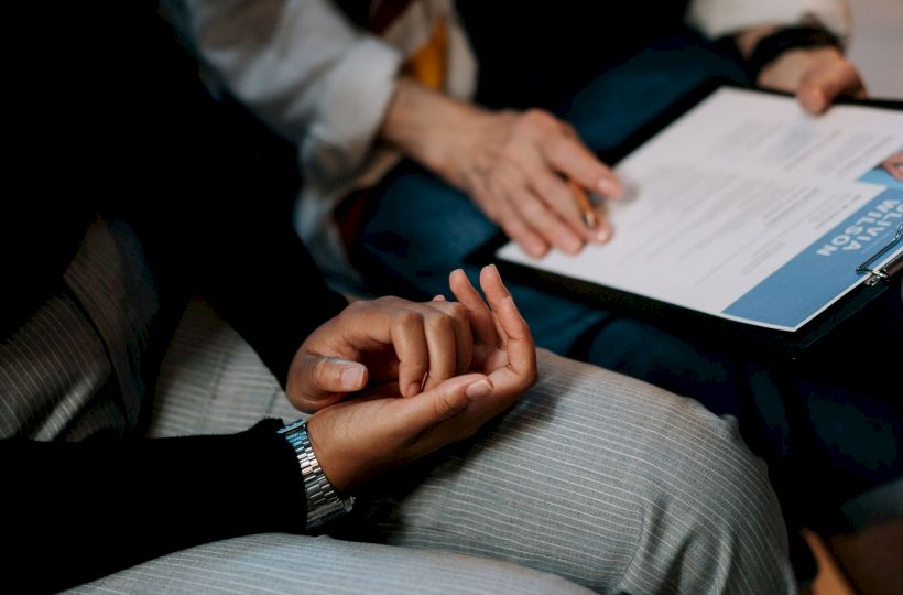 Two people are sitting, one with a clipboard and a pen, the other wearing plaid pants and a watch, hands lightly resting together.
