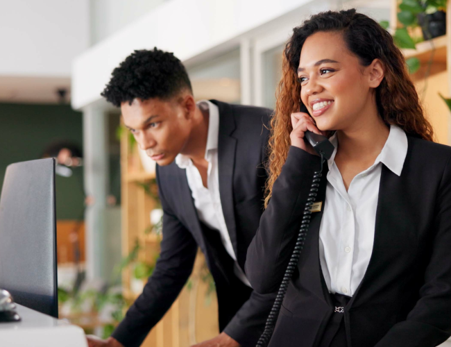 Two individuals in business attire at a reception desk; one talking on the phone, the other focused on a computer screen.