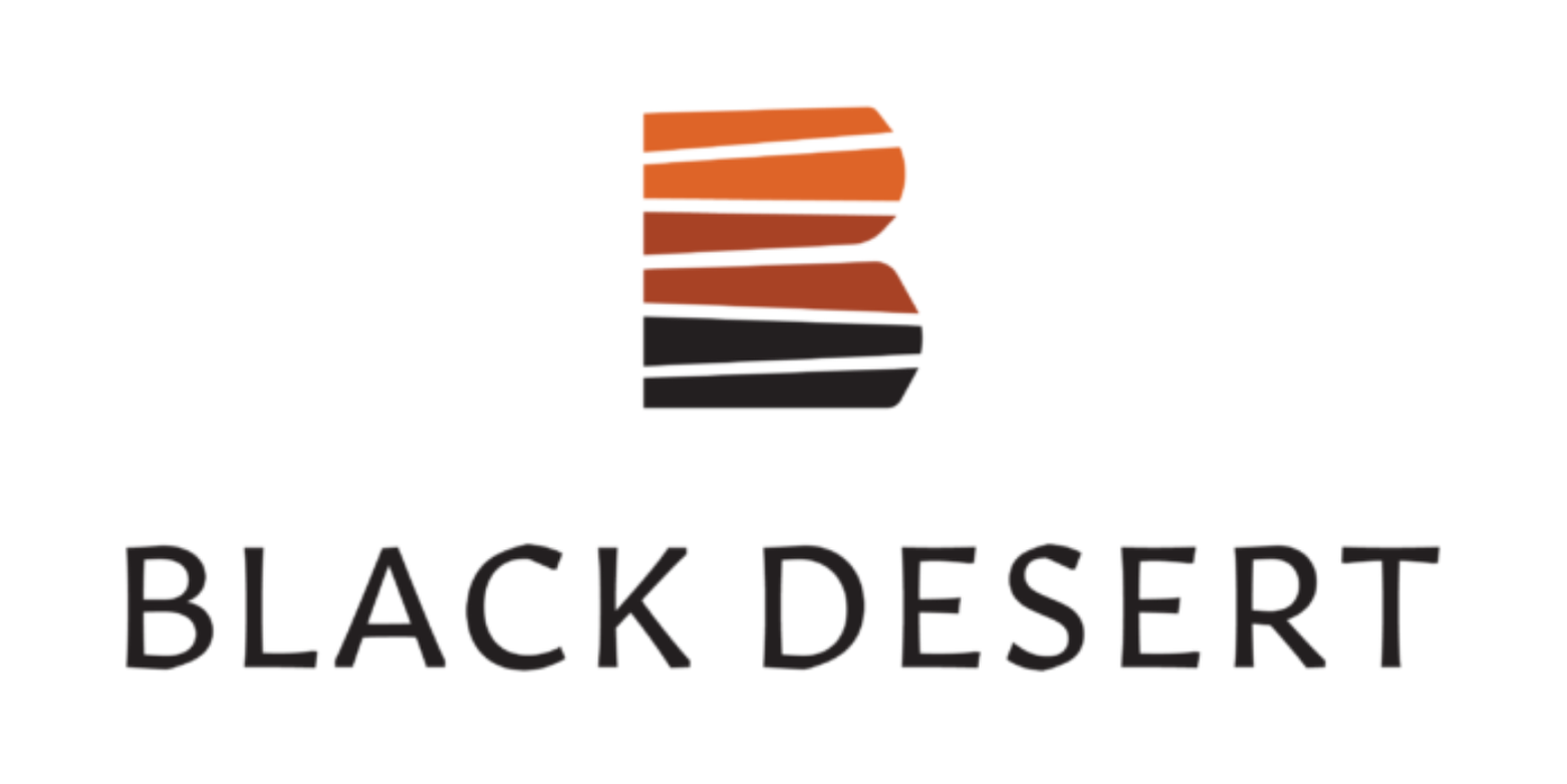 The image shows a logo with a stylized "B" in orange and black stripes, above the text "BLACK DESERT".