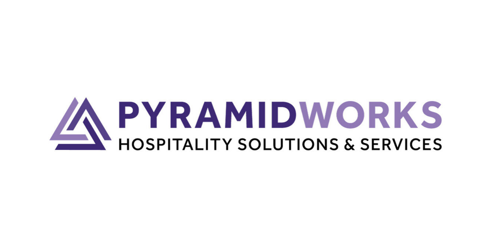 Logo of PyramidWorks with a triangular design and the text "Hospitality Solutions & Services" beneath the name.