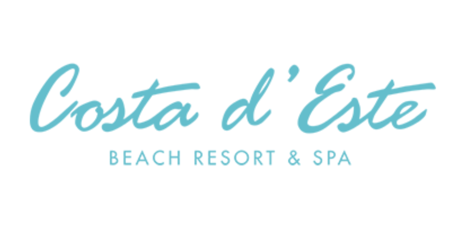 The image shows the logo for Costa d'Este Beach Resort & Spa in turquoise lettering on a white background.
