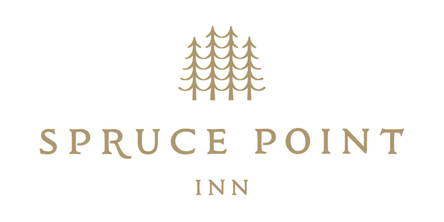The image is the logo for Spruce Point Inn, featuring stylized trees and text.